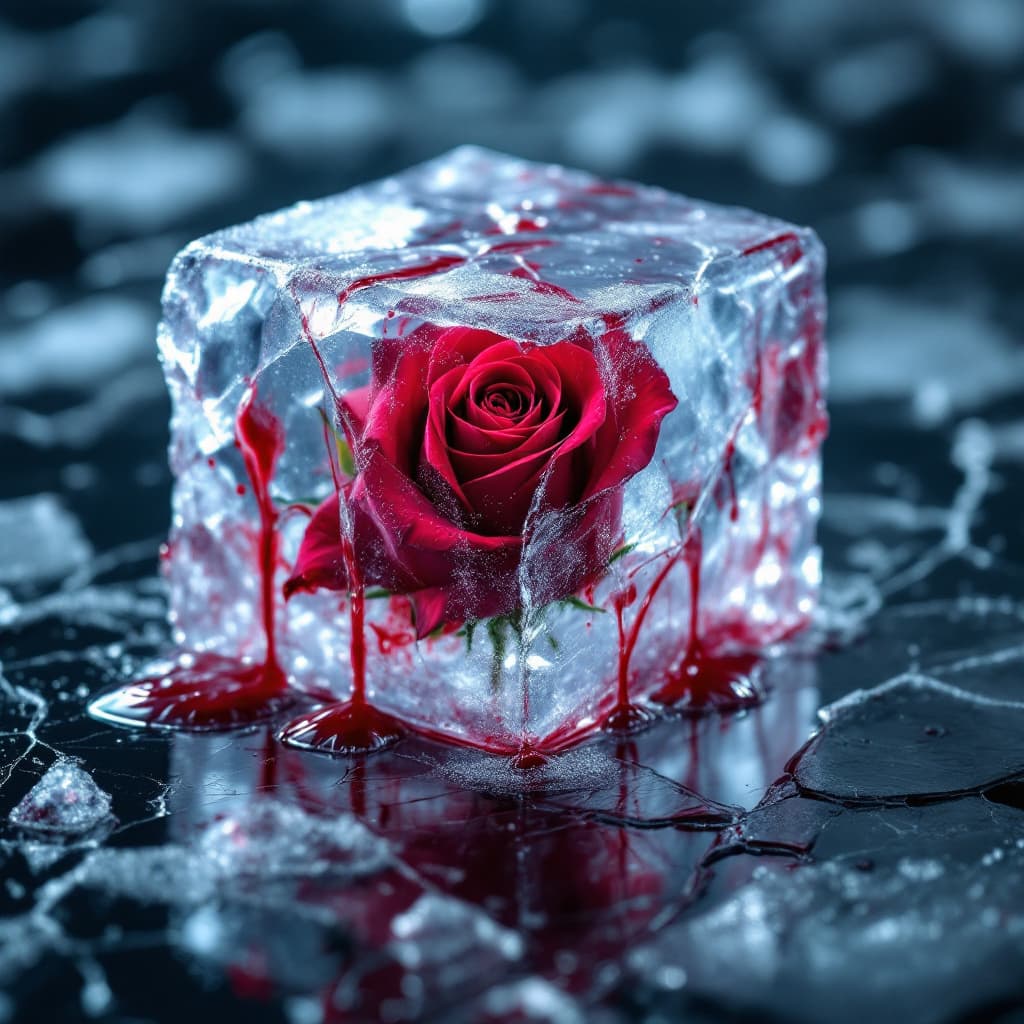 AI generated: close-up photo of a beautiful red rose frozen in a block of ice , splintered cracked ice surface, fr...