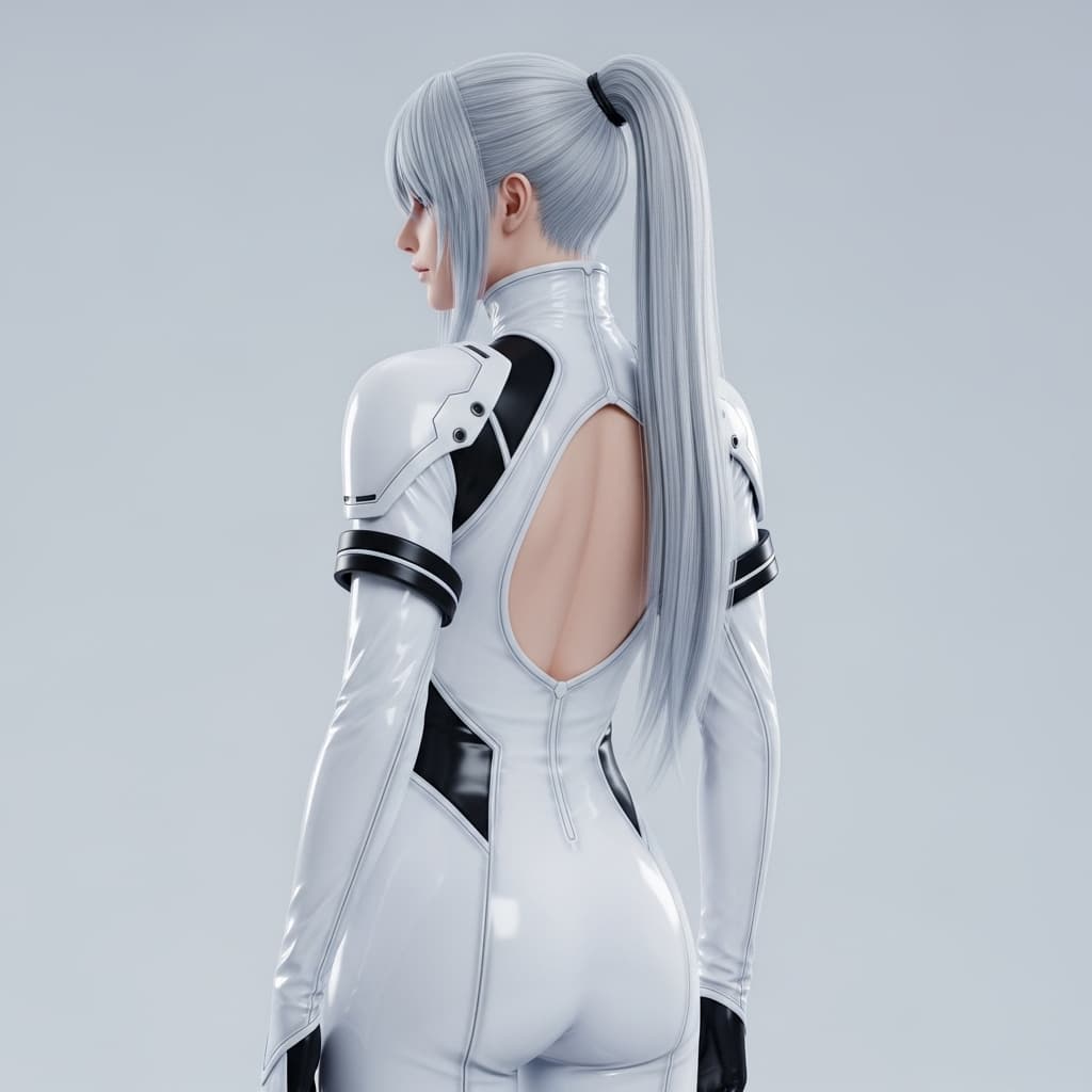 AI generated: The image depicts a character with long, straight, silver hair tied into a ponytail. The character i...