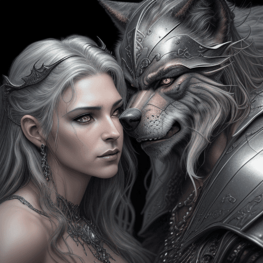 AI generated: A stunningly intricate close up portrait of a couple with a grey werewolf, (((luis royo and julie be...