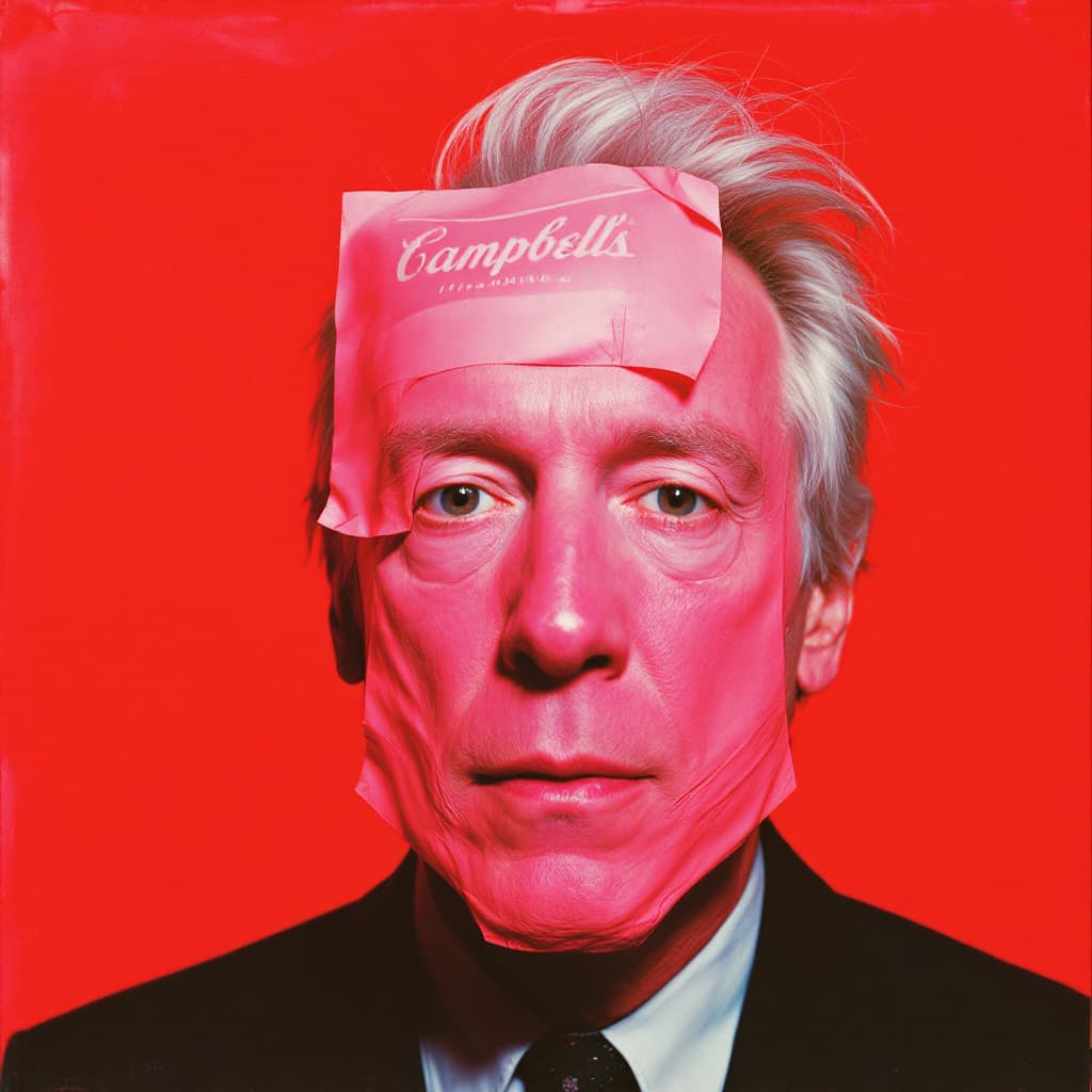 AI generated: Andy Warhol with a can of Campbell's soup stuck to his forehead.