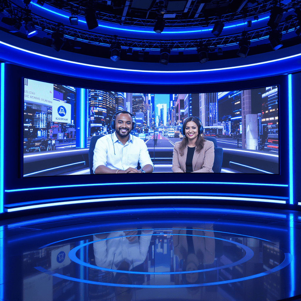 AI generated: futuristic ppodcast studio with the two presenters  on huge Led screens in a huge studio setting blu...