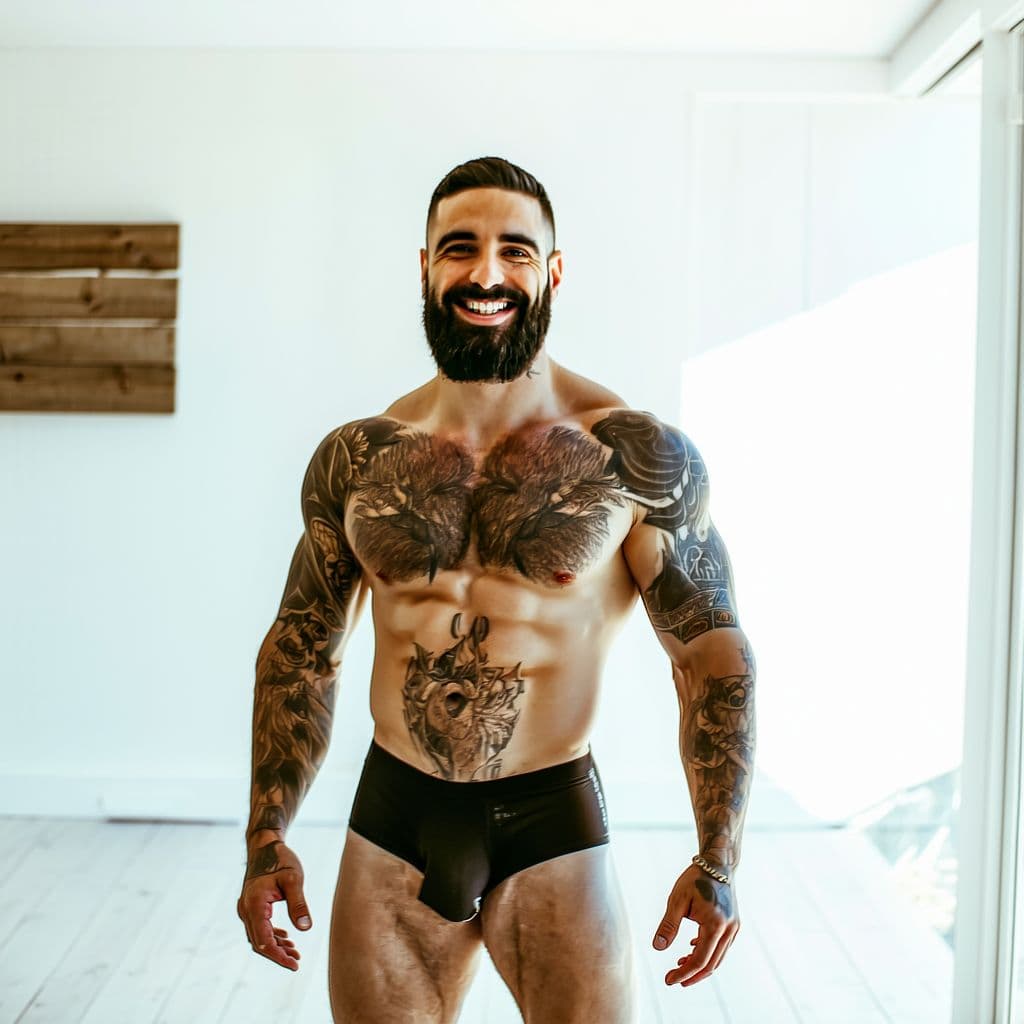 AI generated: A man in his thirties. He is muscular and hairy chest and stomach. He is shirtless with a black tatt...
