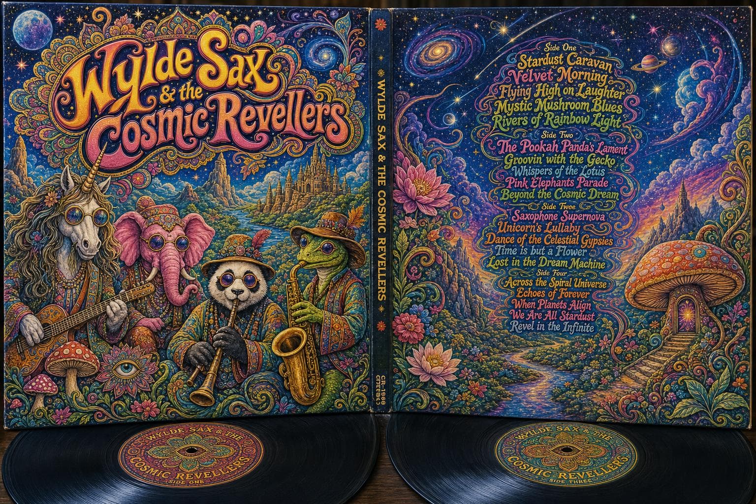 AI generated: Vinyl record double LP embossed album cover, late-60s psychedelia style, opened to reveal vibrant le...