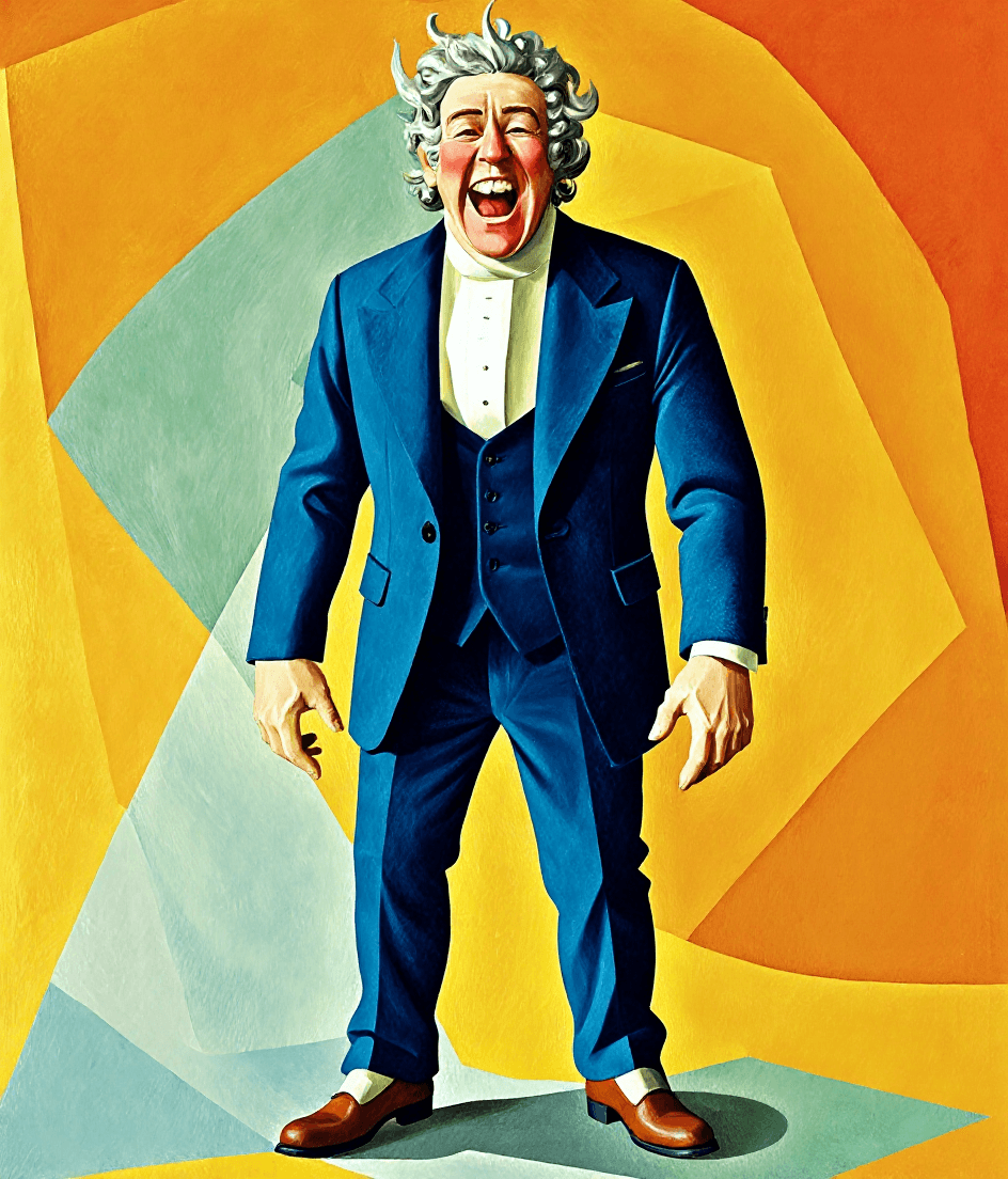 AI generated: a portait of the man in the wig laughing hard, single color background, full body, margin around the...