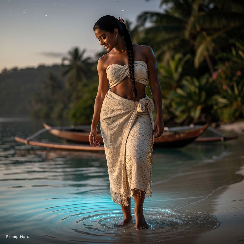 AI generated: An 8k full-body morning portrait of a beautiful 19-year-old Tahitian woman with a youthful, sweet fa...