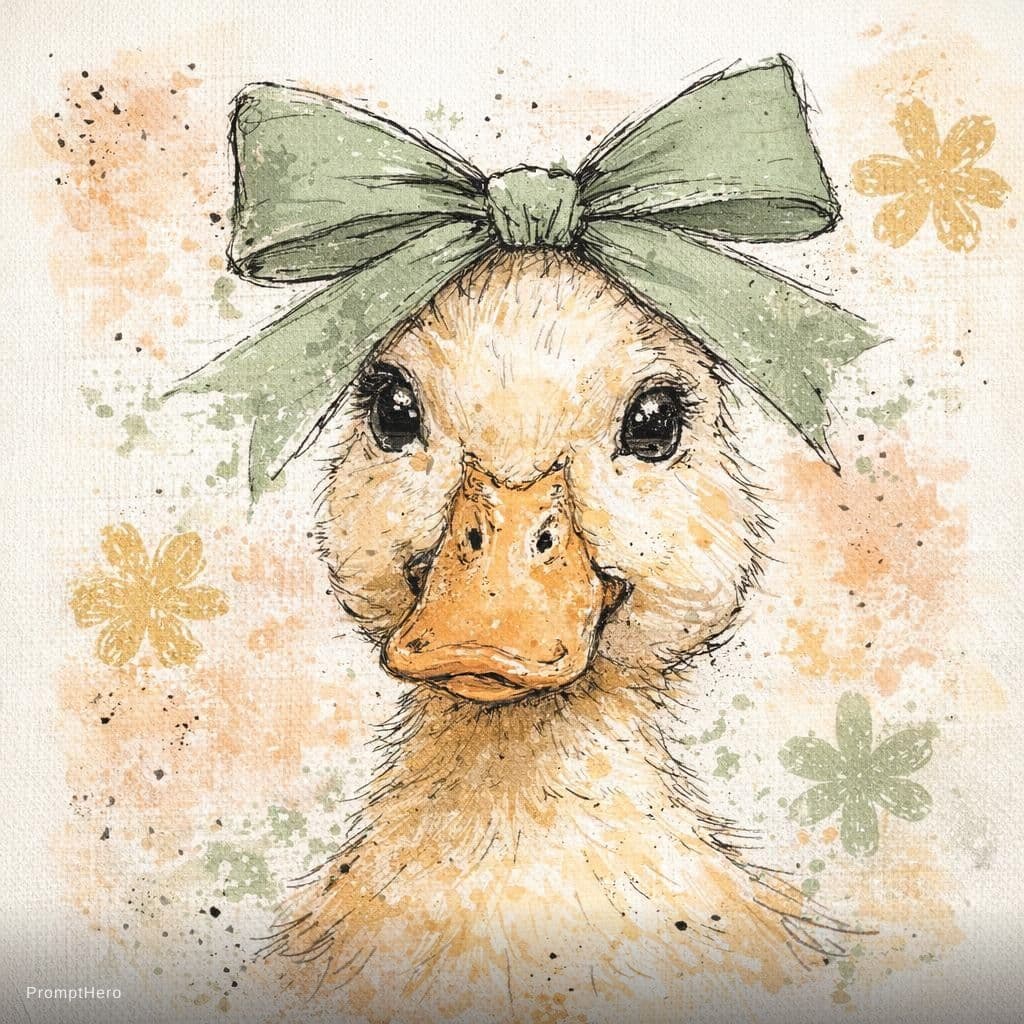 AI generated: trendy boho duck illustration, close portrait of an adorable duck wearing an oversized ribbon bow on...