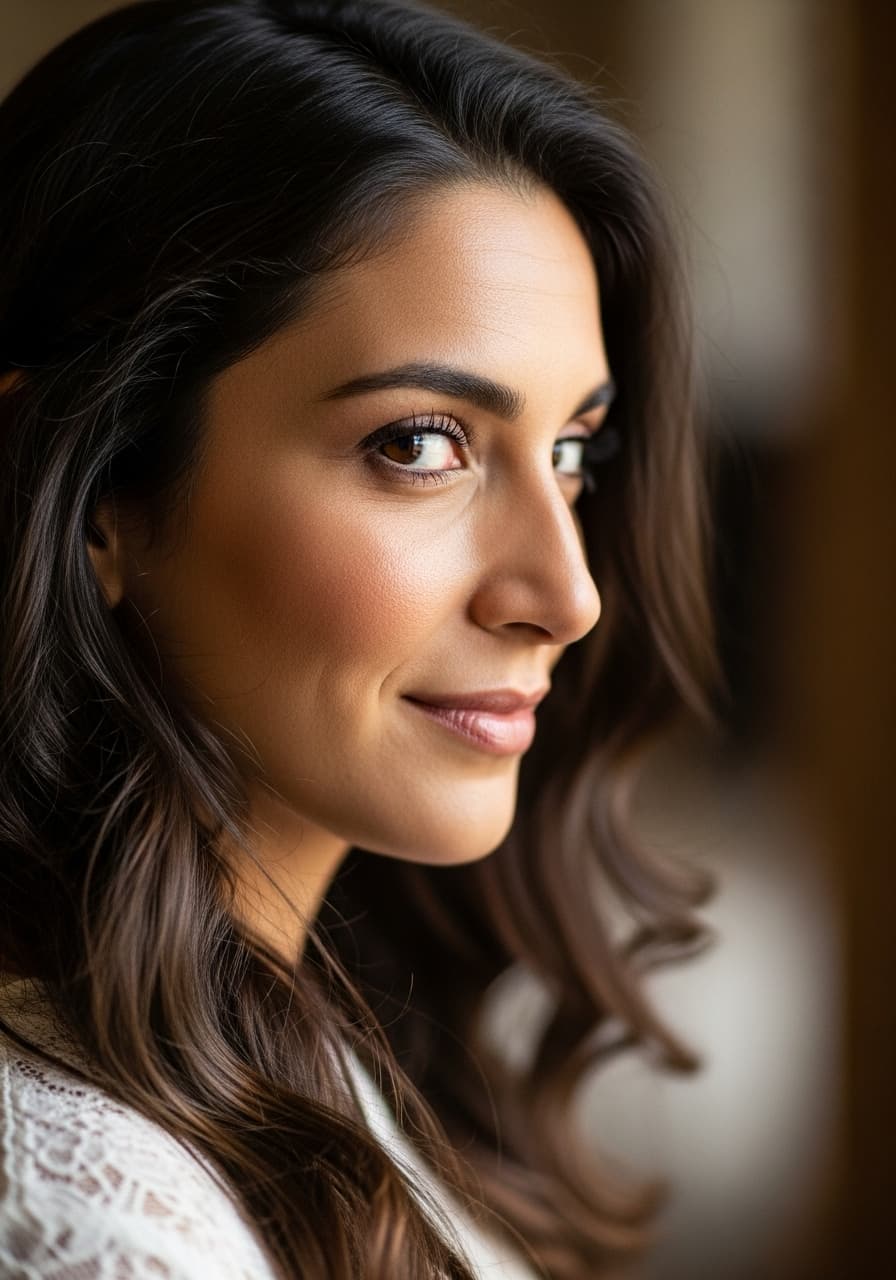 AI generated: woman, side view, slight smile, shot on a Canon A7 III