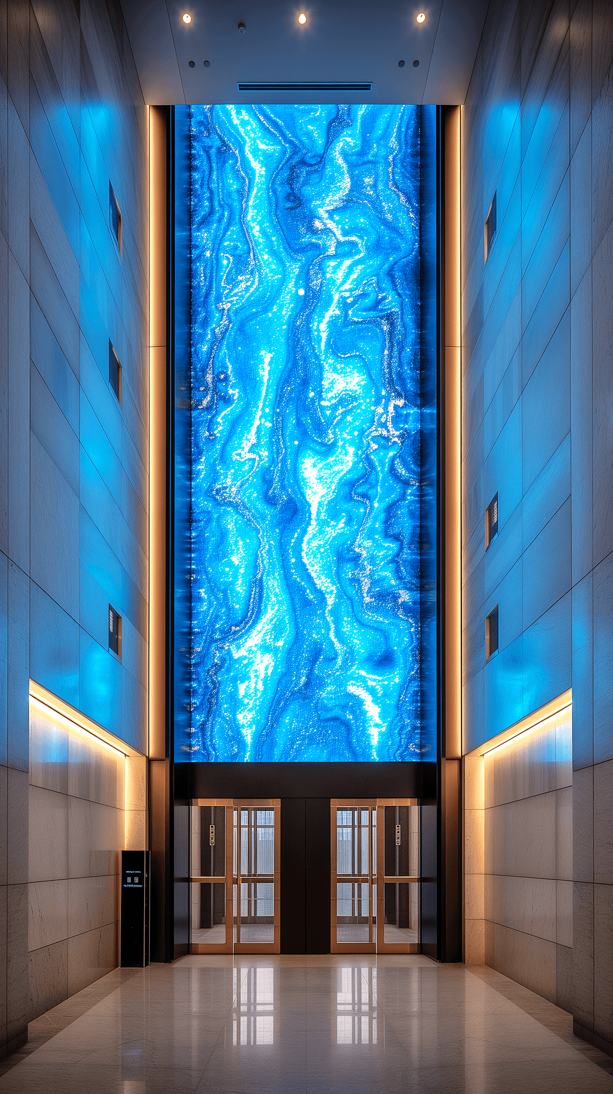 AI generated: photography, sleek and minimalist elevator lobby in a corporate building, front view, eye level shot...