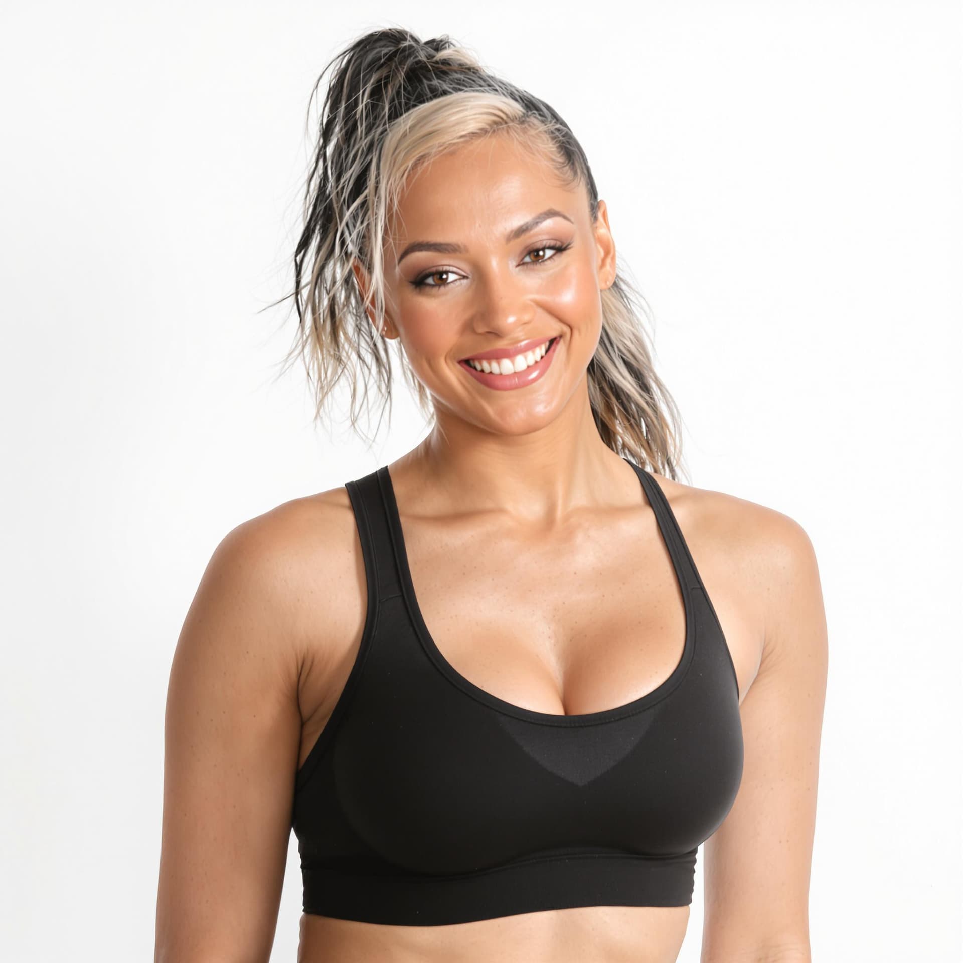 AI generated: a professional photograph of a beautiful arab woman in a black sports bra and matching black shorts....