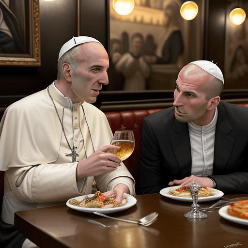 AI generated: The Pope and Zinedine Zidane having diner in a typical Parisian restaurant, realistic, vibrant color...