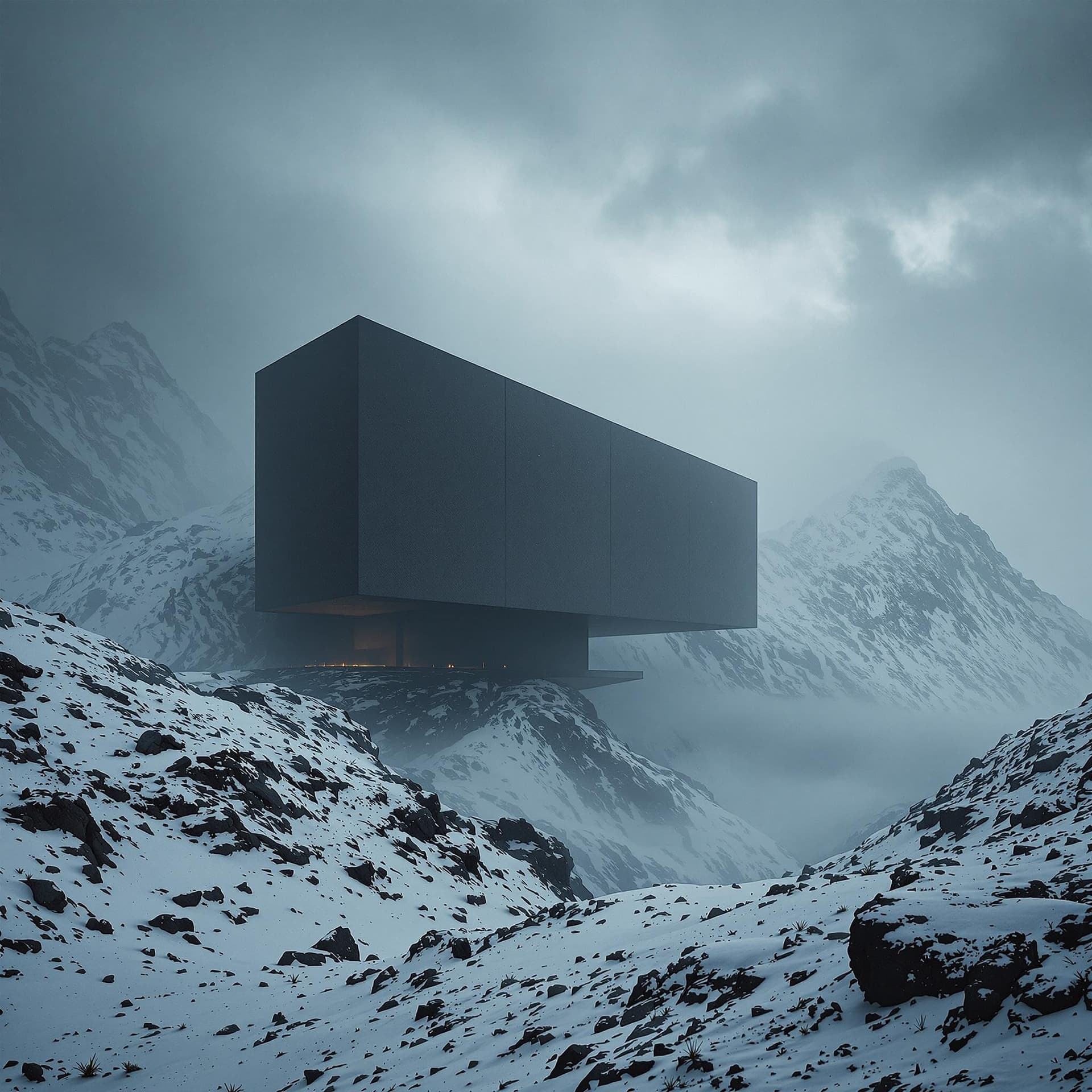 AI generated: Ultra wide angke cinematic photo of a mesmerically moody dark and gloomy massively monolithic Scandi...