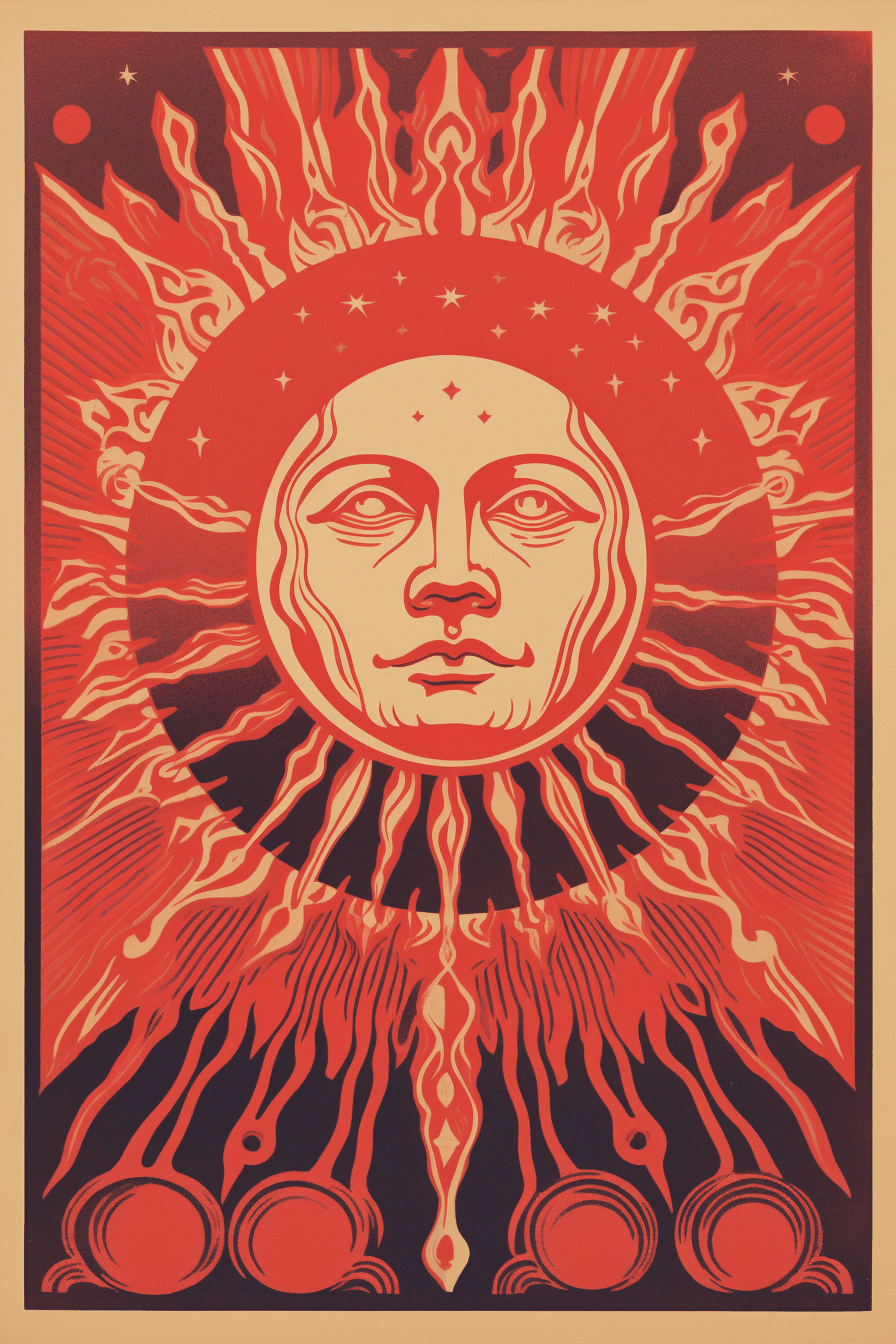 AI generated: 
a piece of art made from an old drawing showing the sun and moon, in the style of tarot card, paul...