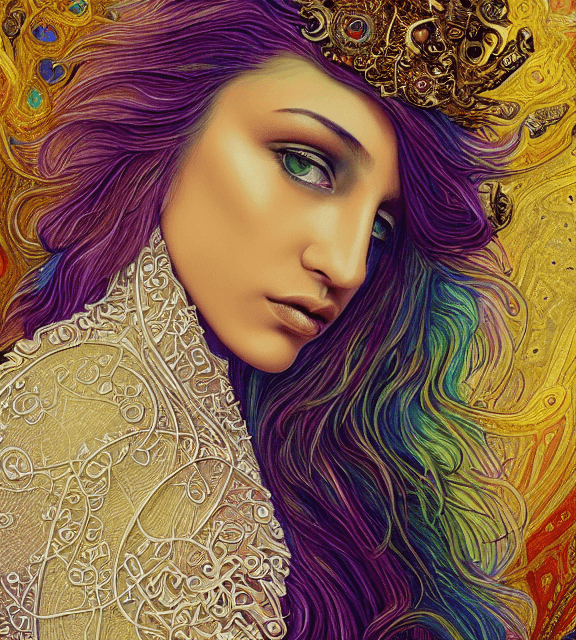 AI generated: coloured pencil drawing, high resolution 8k, Pollock master painter, Byzantine artwork, 
young lady ...