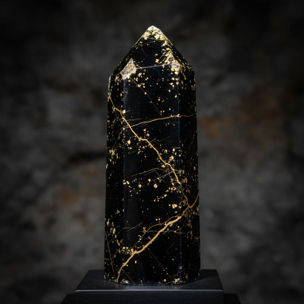 AI generated: pillared black crystal with flakes of gold running throughout it 