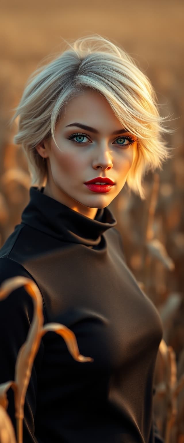 AI generated: "Vertical full-body portrait photograph, cinematic style, warm golden hour lighting. A stylish super...