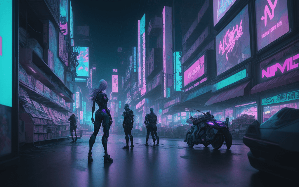 AI generated: nvinkpunk, landscape epic beautiful , anime posters and figurines on shelves, neon lights, cyberpunk...