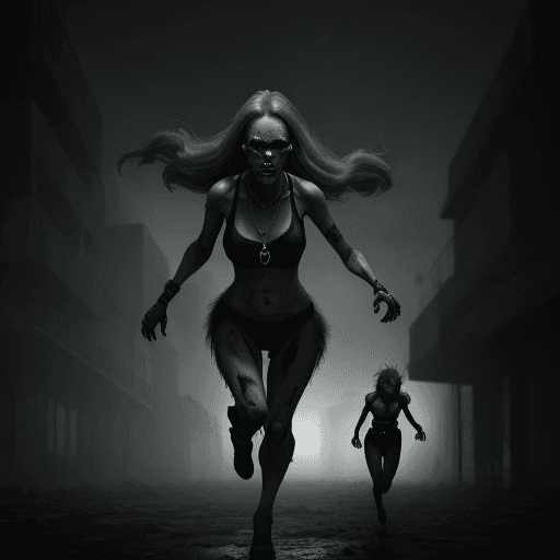 AI generated: A mutant hostile girl is chasing us, necklace, gray lighting, painful, deformed , pessimistic atmosp...