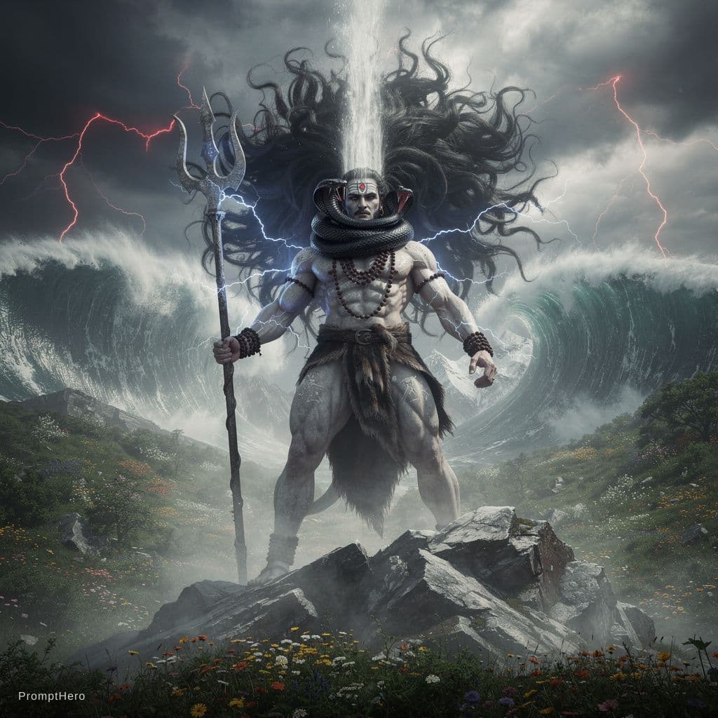 AI generated: "Full-body cinematic POV Hollywood shot of a colossal, mountain-sized Jatadhari Mahakal (Lord Shiva)...