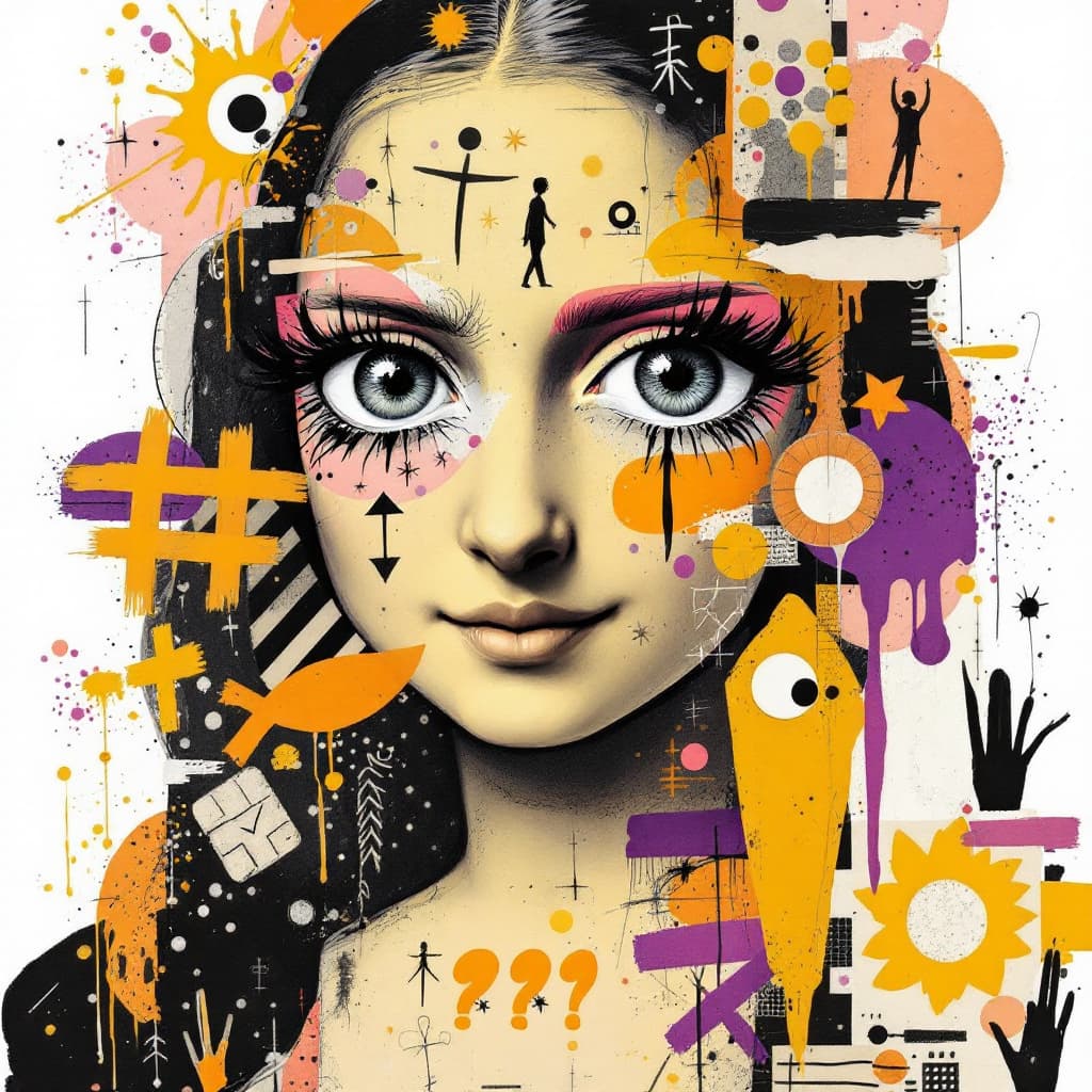 AI generated: A mixed media collage featuring Mona Lisa figure with expressive eyes, adorned in vibrant patterns a...