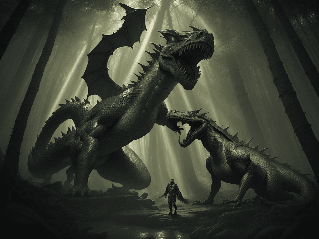 AI generated: conflict scenes between a snake dragon and a giant in a mystical forest ,very inspired by H.R.Giger ...