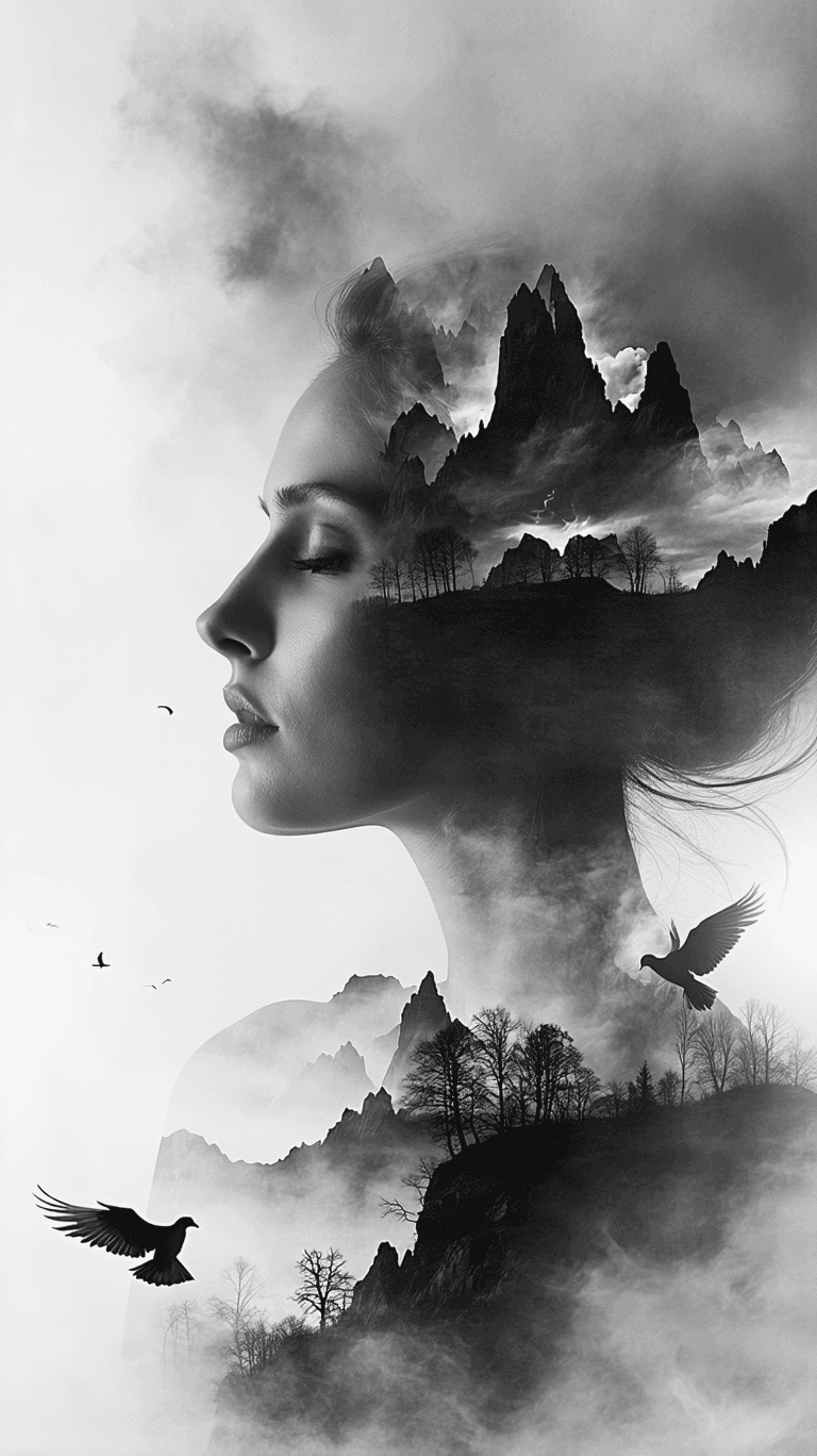 AI generated: Double exposure black and white photography of a woman’s face, solemn and ethereal, eyes half-closed...