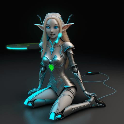 AI generated: Elf Galadriel dressed in a robot outfit in the dark and having a earphone, in the style of daz3d, an...