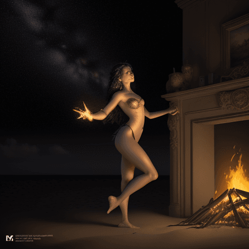 AI generated:  photo taken by a photography genius, dancer  at night on the beach by the fire in the style of Emma...