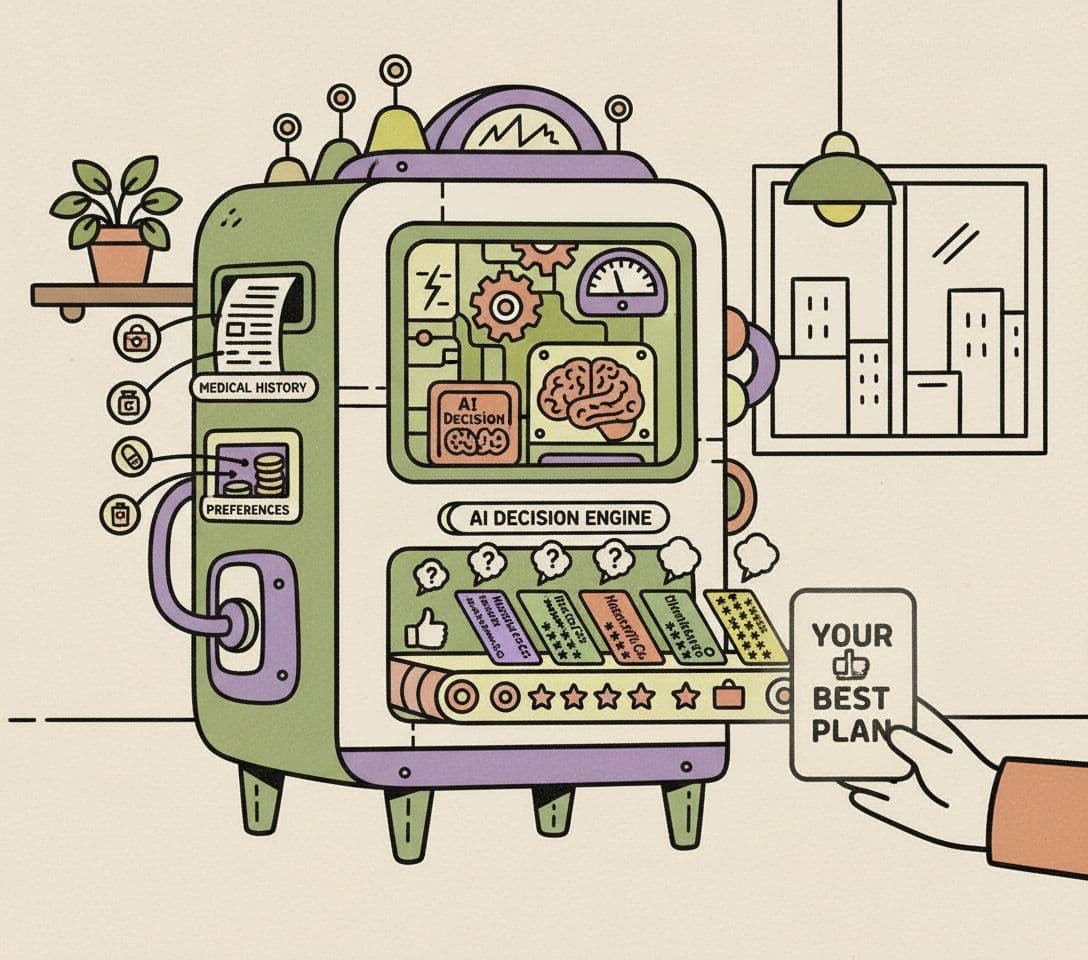 AI generated: a ficticious machine that selects the best health insurance plan for you. Use the attached image as ...