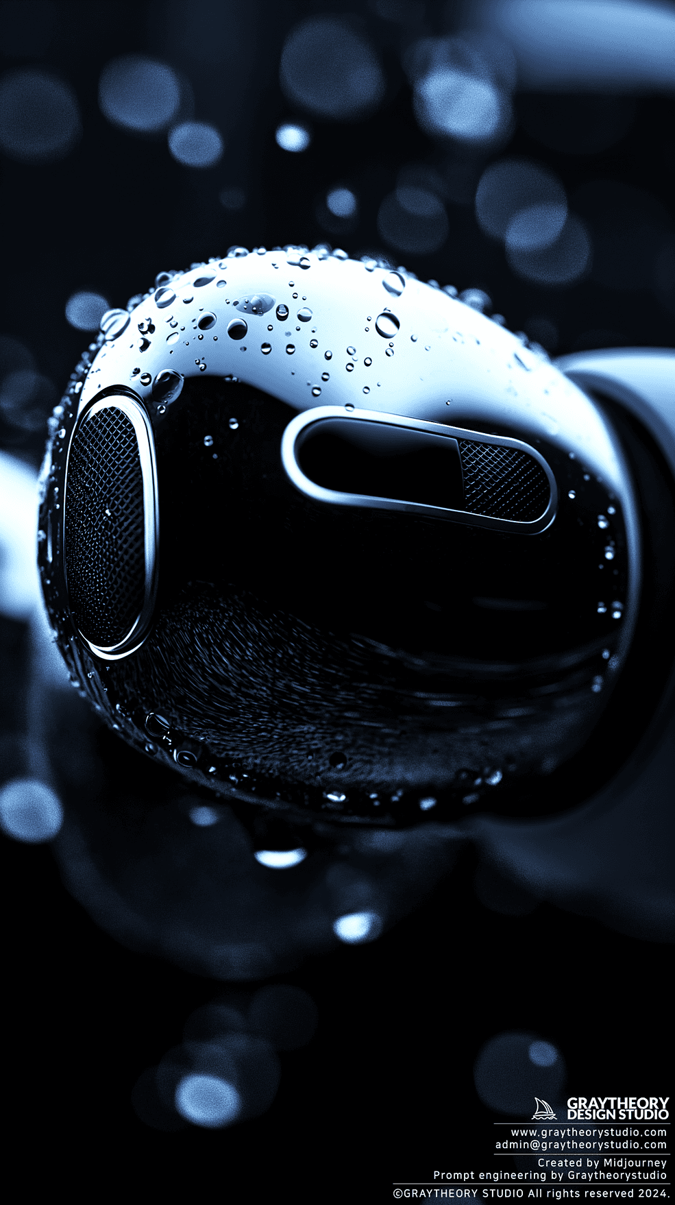 AI generated: Close-up, mecro shot, Apple Airpods, silver color, Fujifilm GFX 100S, aperture at f/8, ISO 100, soli...