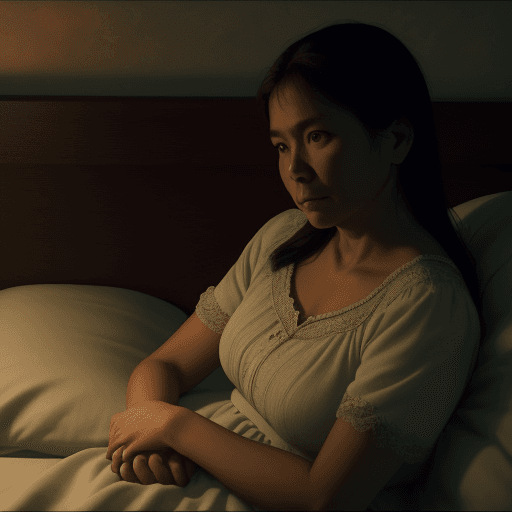 AI generated: Juan a son,  Holding Maria's Hand his mother, they are filipino: Juan sits beside her, maria lying i...