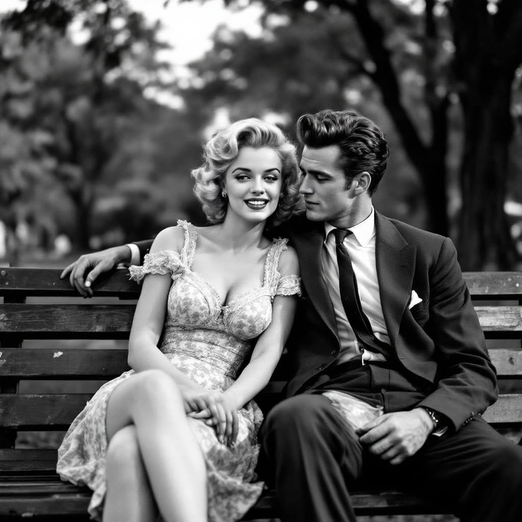 AI generated: Marilyn Monroe and Young James Dean during the Cuban missile crisis are sitting on a parkbench in ce...