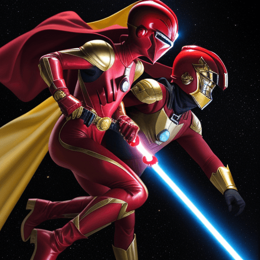 AI generated:  RED SPANDEX SUIT, WITH GOLD GLOVES AND BOOTS , wearing a RED ranger helmet HOLDING a lightsaber vs ...