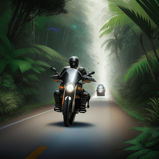 AI generated: Motorcycle on road through the Jungle, realistic, glitters