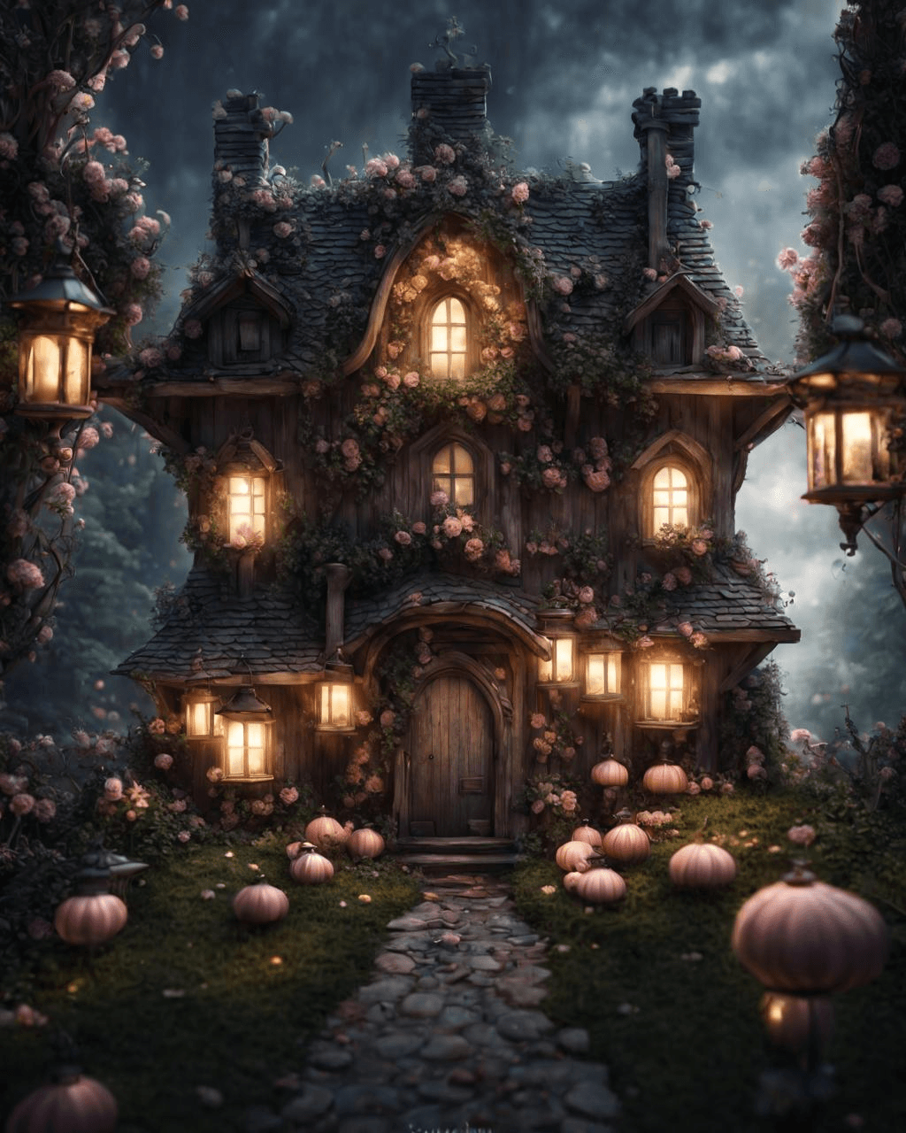 AI generated: a fairy tale wonderland with nature and a small magical house in the middle, extremely detailed, dar...