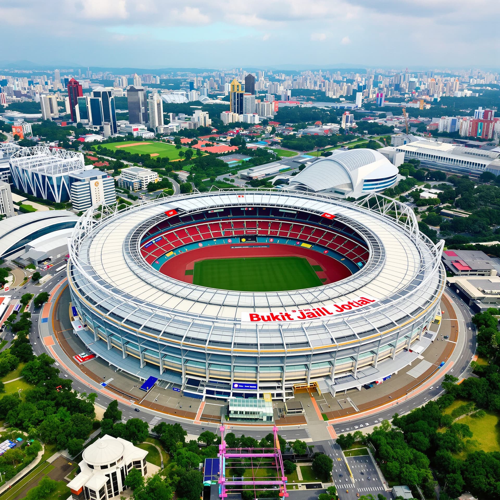 AI generated: Bukit Jalil National Stadium, aerial view, 40° rotation around the X-axis, red branding color