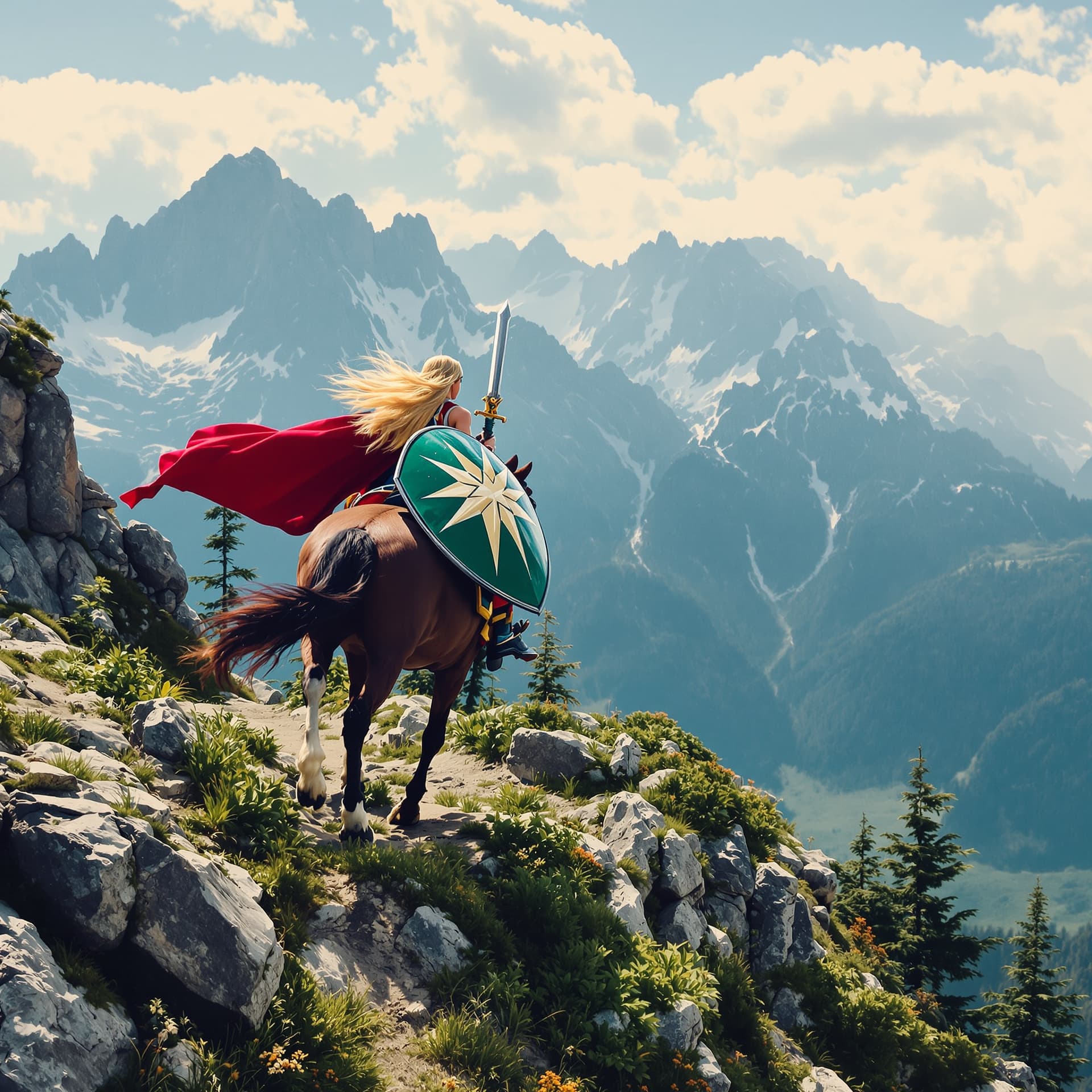 AI generated: Create a super hero woman with long blond hair with a shield and sword riding a horse on a towering ...