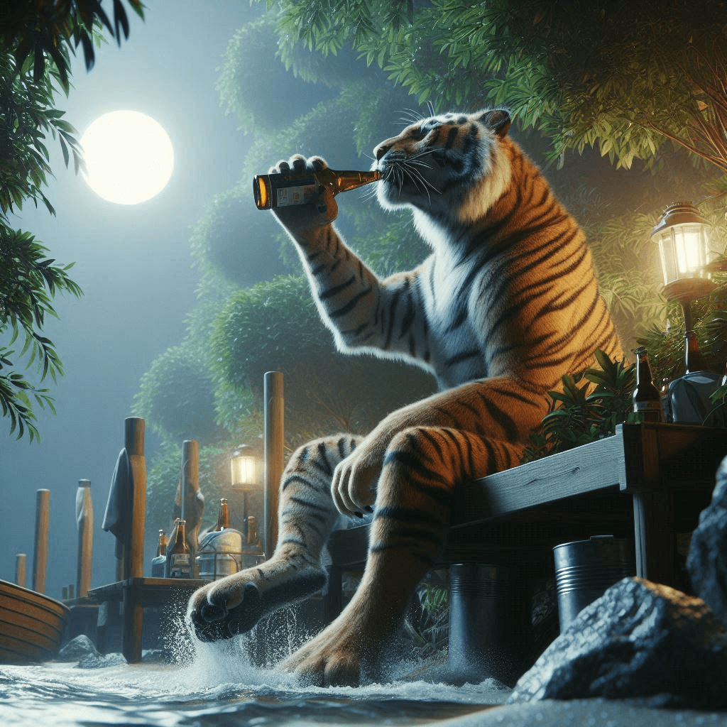 AI generated: Close-up cinematic professional 3D animation. a tiger standing in the bushes on a cliff over a dock ...