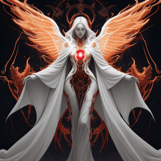 AI generated: futuristic, Lovecraftian women robot angel, fire wings, floating, white robe, red accents, flames un...