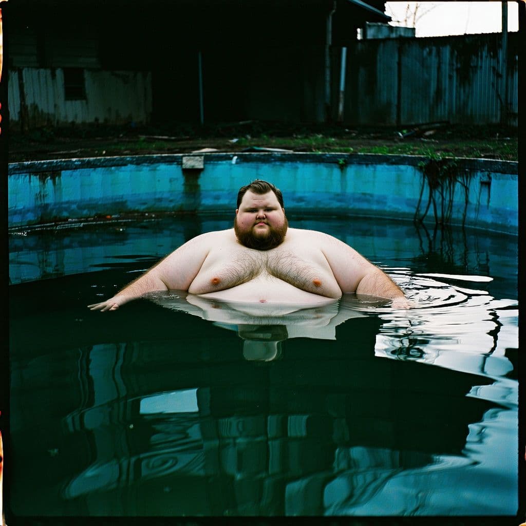 AI generated: Outstandingly obese man stuck in an abandoned pool, grainy 80's quality polaroid photograph, still w...