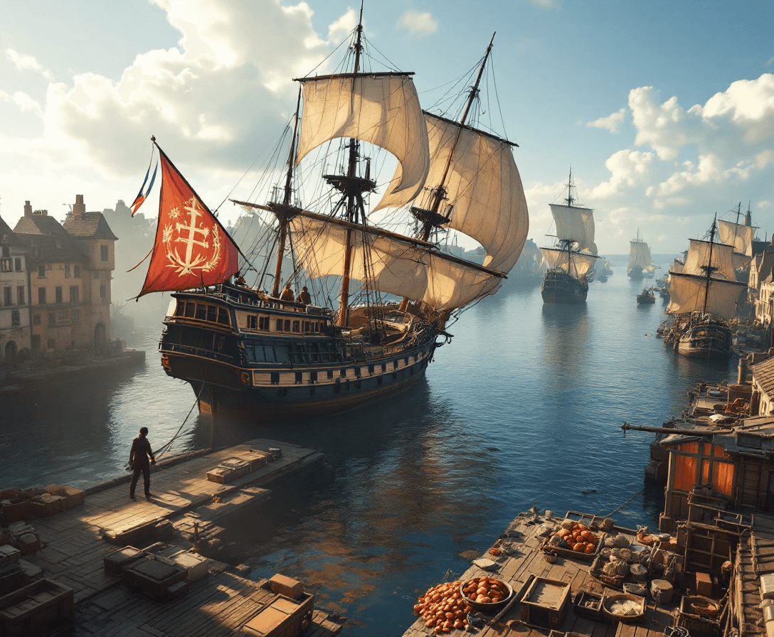 AI generated: A bird's eye view, Photo of a ultra realistic sailing ship, in the early 1800's, anchored at an old ...