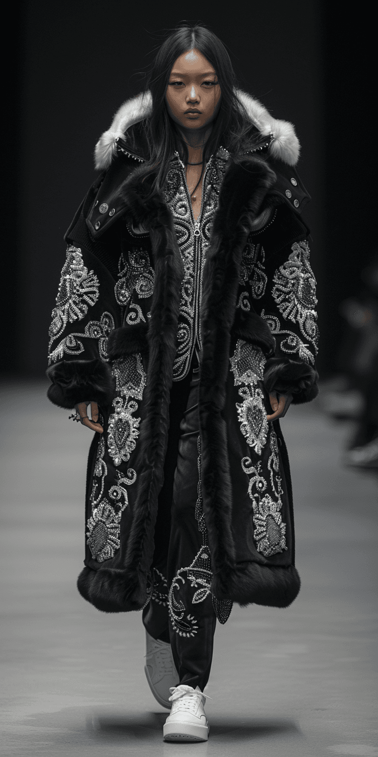 AI generated: Vogue Runway, full body portrait of an Asian female, wearing a black winter coat with hood and large...