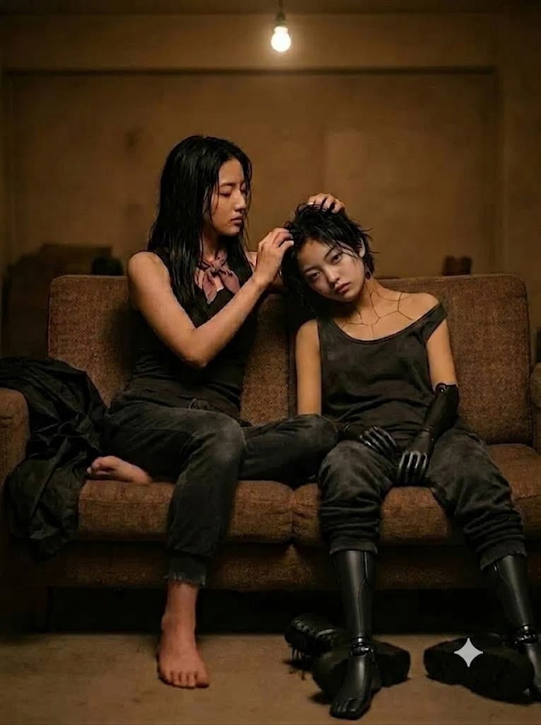 AI generated: Two images are attached. IMAGE 1 (the sofa scene) is the image to EDIT. IMAGE 2 (the two women embra...