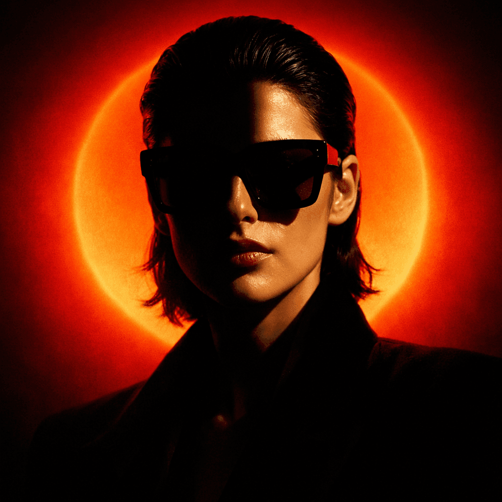 AI generated: A person with slicked-back dark hair wearing oversized square sunglasses is shown in a dramatic, cin...