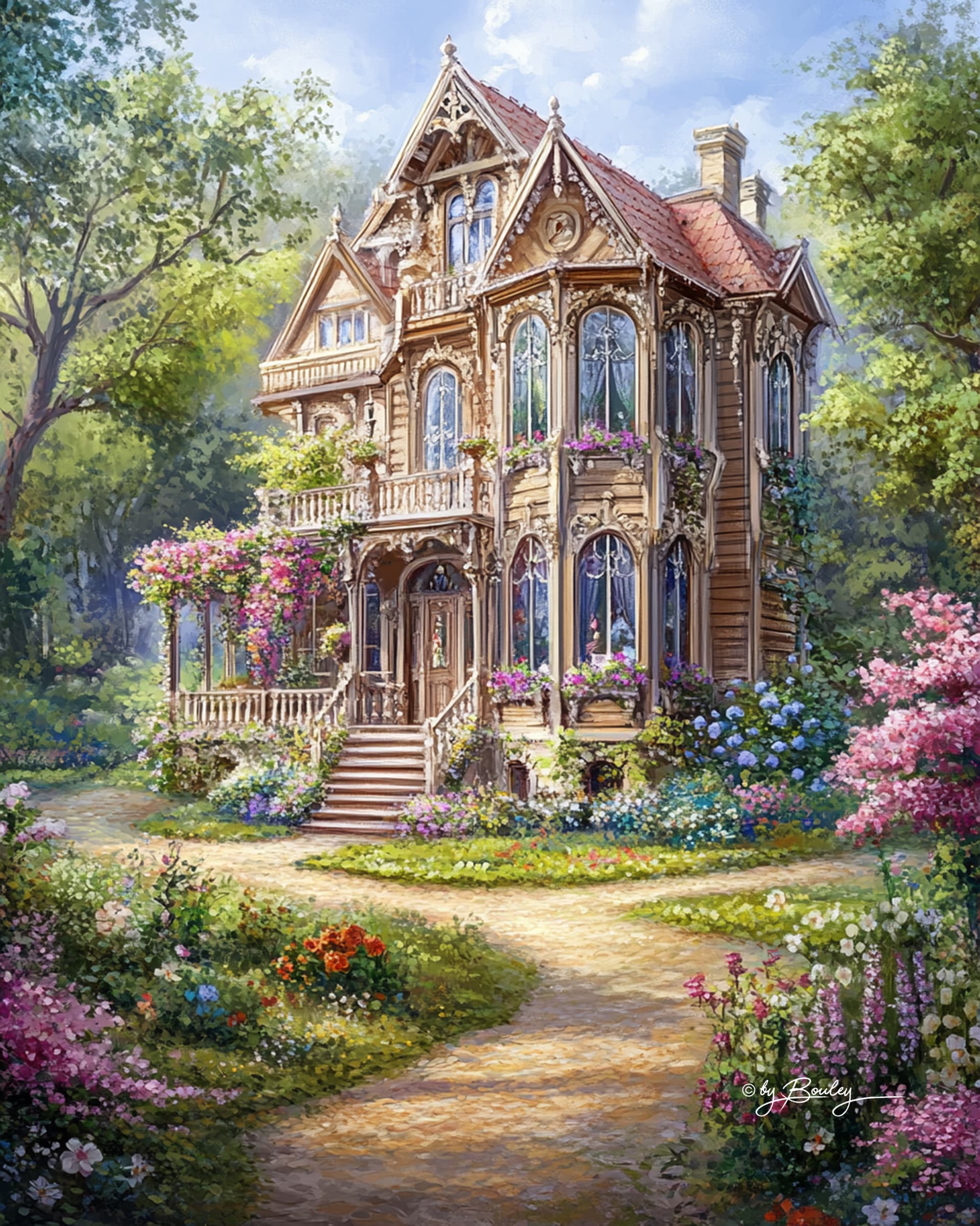 AI generated: A detailed painting of an old, wooden house with big garden with flowers and trees, classical oil pa...
