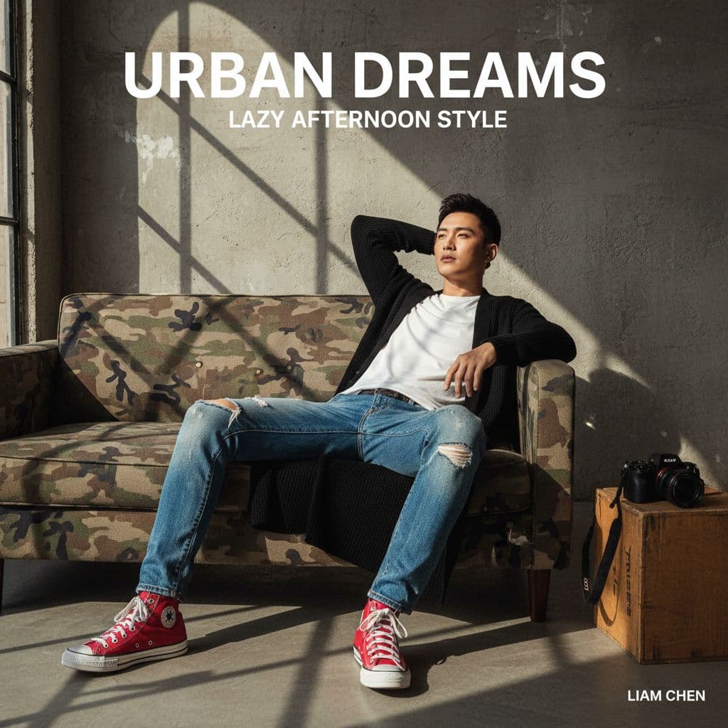 AI generated: photography, magazine cover, tilt shot, male model lounging on a worn camouflage sofa, casually dres...