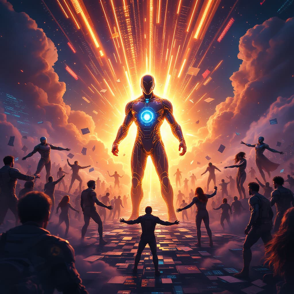 AI generated: A hyper-detailed cinematic illustration in the style of Marvel's Avengers movie posters, showing the...