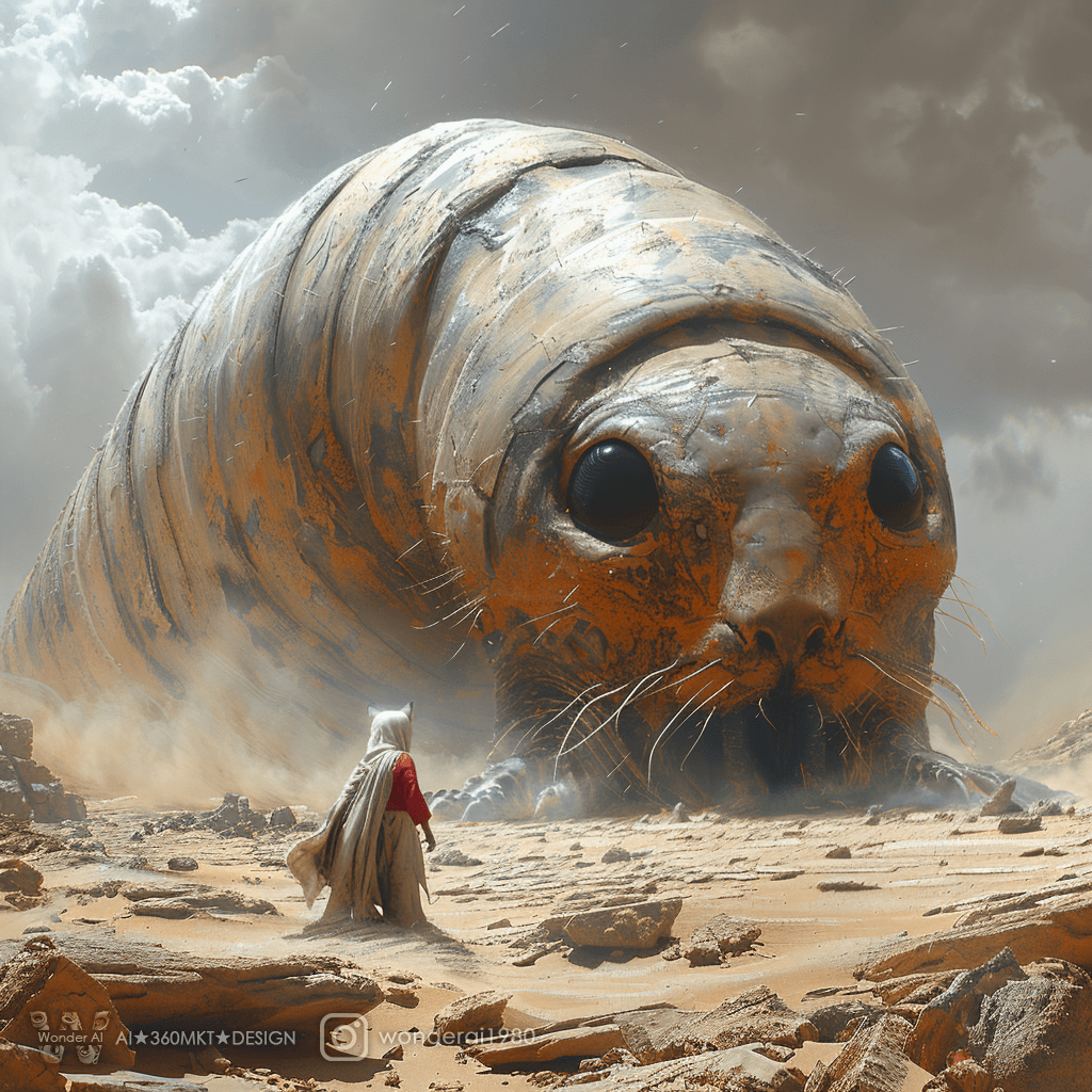 AI generated: a small cat wearing white line, standing, a giant sand worm with one large eye in the desert, in the...