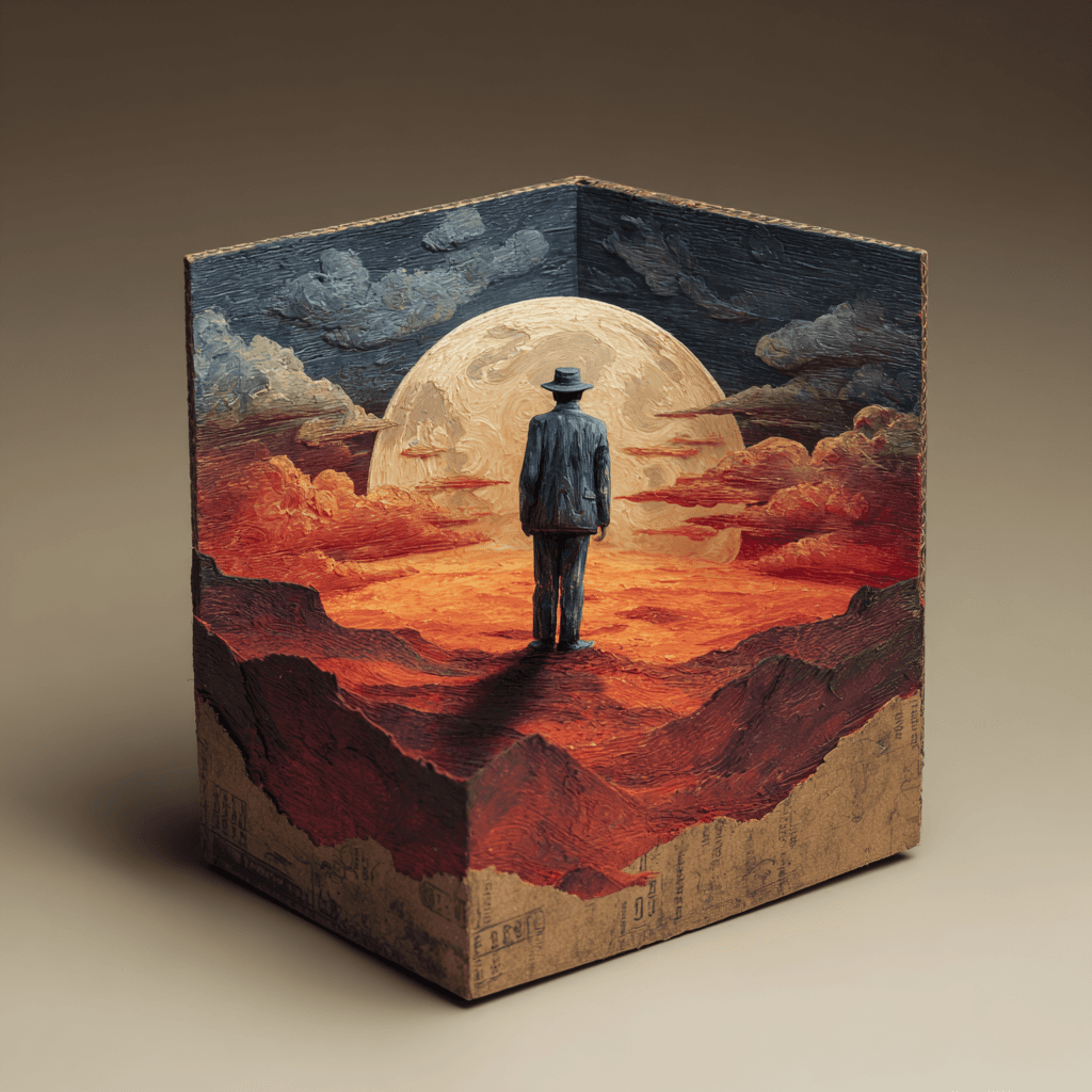 AI generated: Design the outer box of a mask, a man over a hill facing the the big moon, lowered his head slightly...