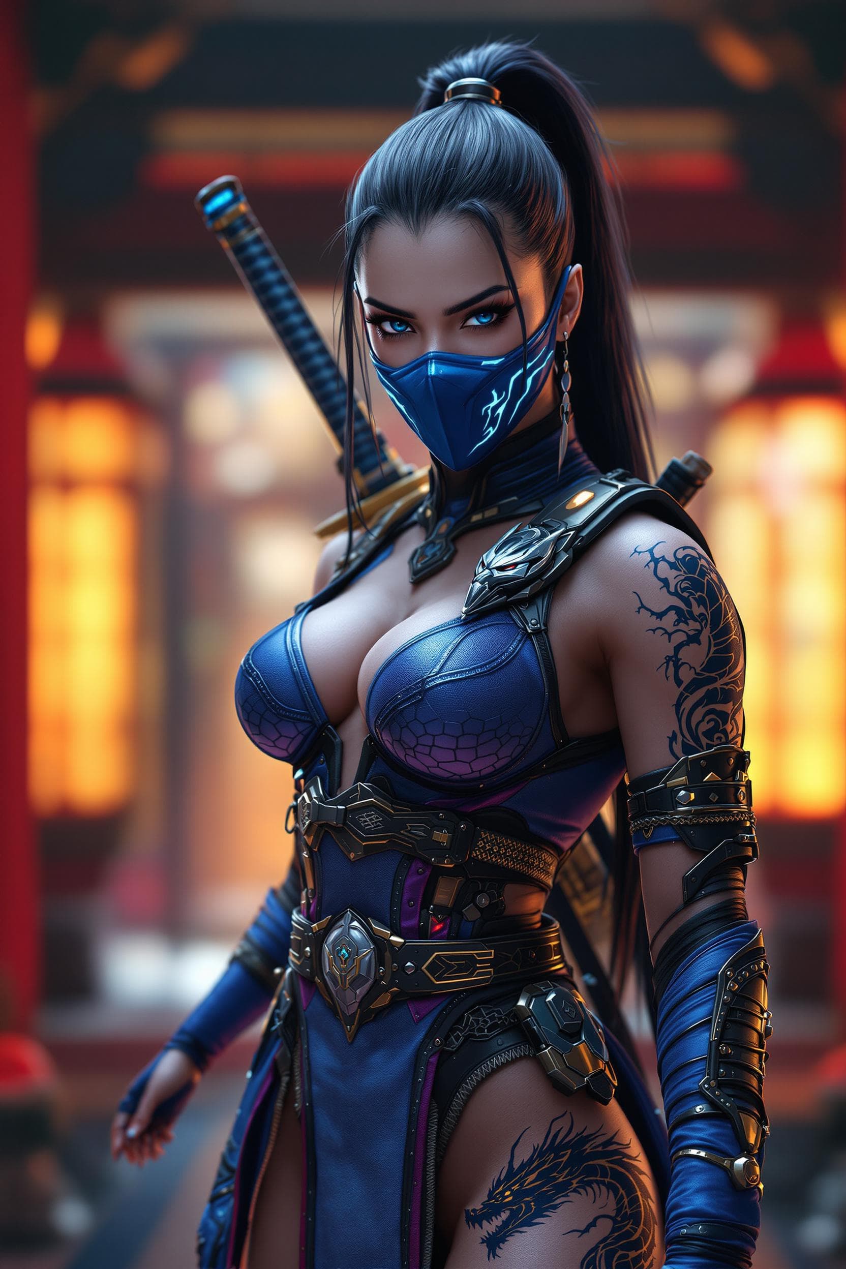 AI generated: Ultra-realistic cyberpunk Kitana, Mortal Kombat character, wearing intricate warrior suit, blue with...
