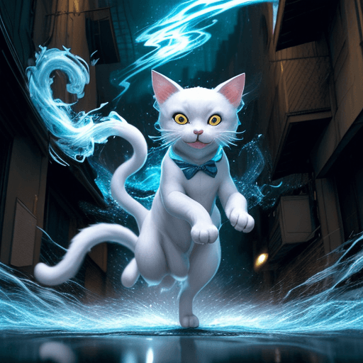 AI generated: an anthropomorphic cat wearing white linen is depicted in an action pose, swirling water in cat hand...